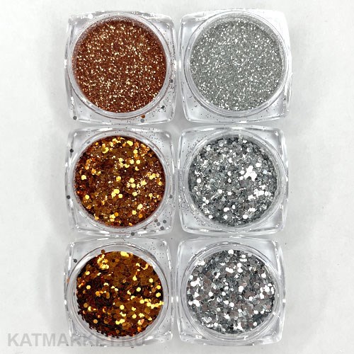 Набор блесток серебро/бронза в баночках 6шт 61007103