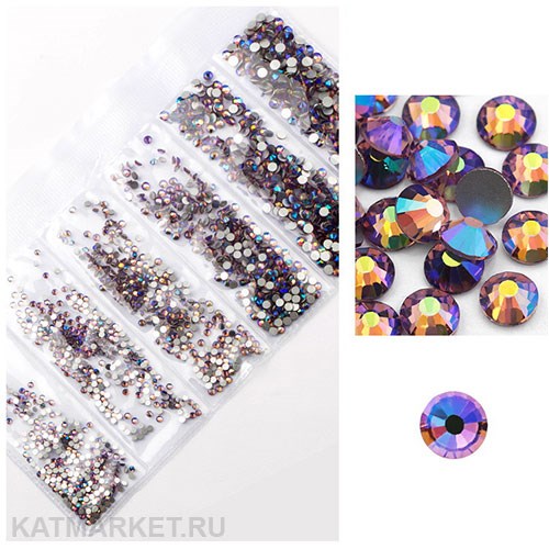Стразы разных размеров пакет 1600шт, Фиолетовые Голография 61304091