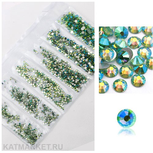 Стразы разных размеров пакет 1600шт, Зеленые Голография 61304071