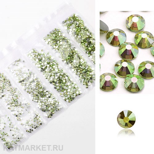 Стразы разных размеров в баночке, Зеленые Металлик Голография 61304282