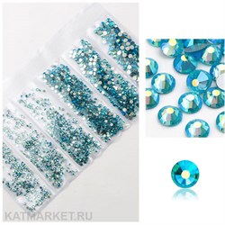 Стразы разных размеров пакет 1600шт, Голубые Голография 61304311