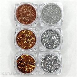 Набор блесток серебро/бронза в баночках 6шт 61007103