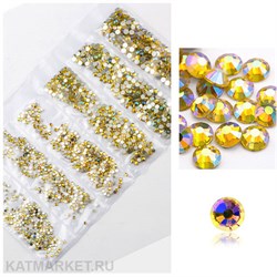 Стразы разных размеров в баночке, Желтые Голография 61304292