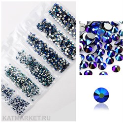Стразы разных размеров в баночке, Синие Металлик Голография 61304272